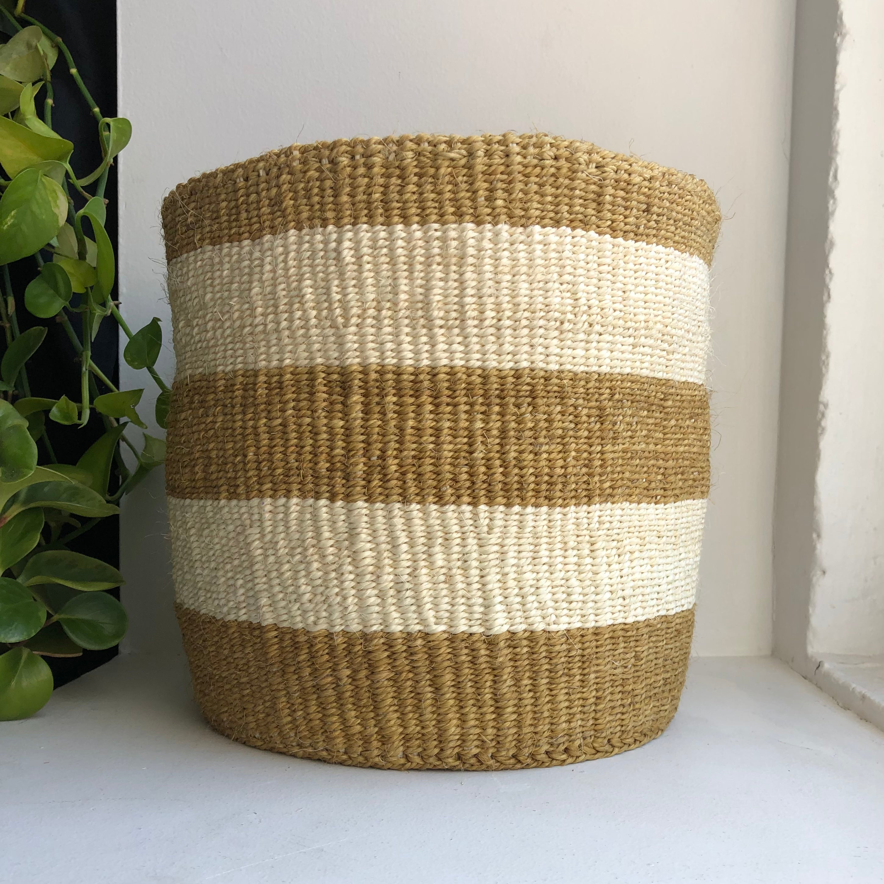 10" sisal basket with natural tone stripes