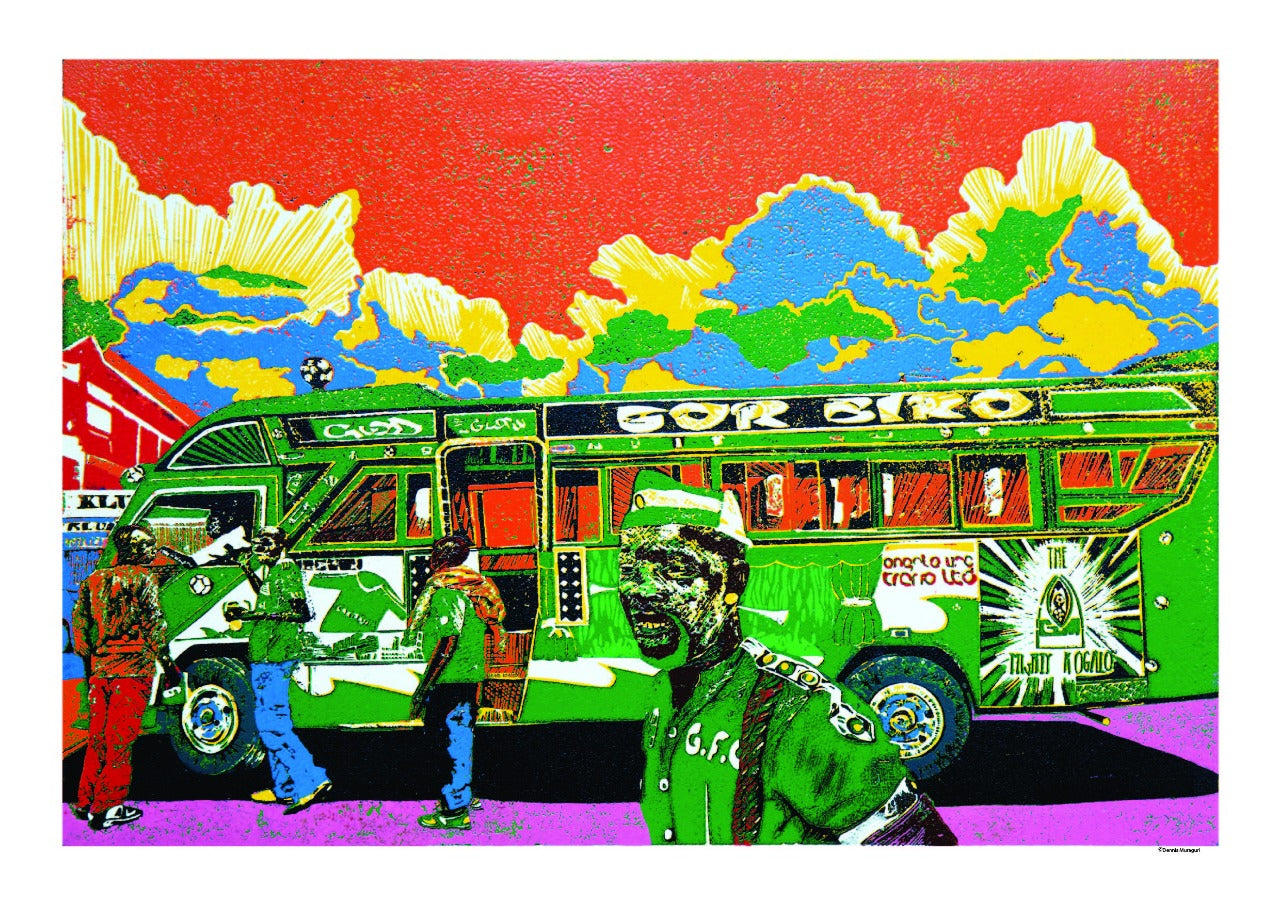Green matatu with blue and yellow clouds