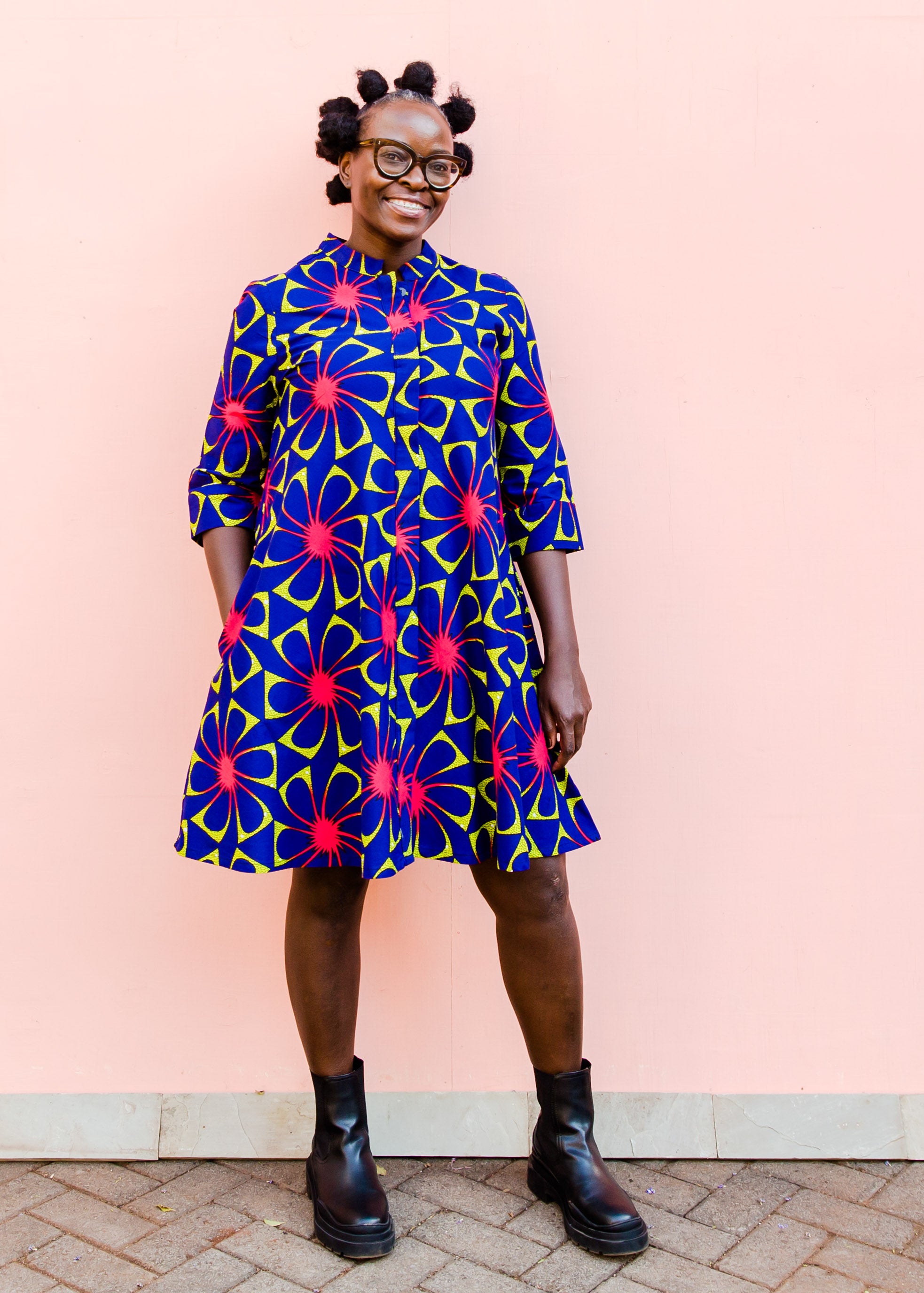 Navy, pink and green geometric floral dress
